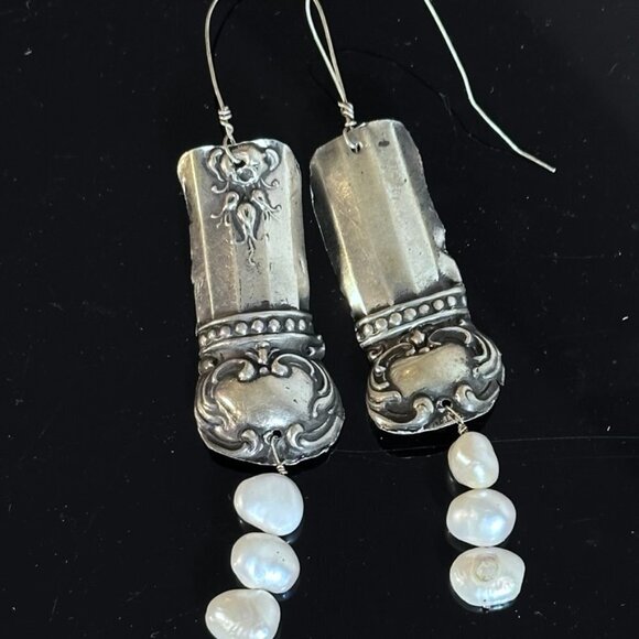 Natural Pearl Gemstone Sterling Silver 925 Earrings Handmade Victorian Spoon - Picture 6 of 7